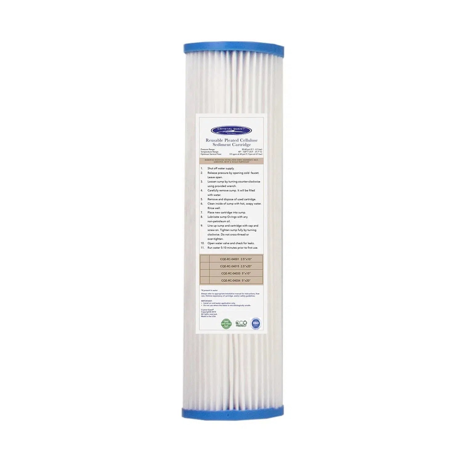 Crystal Quest Pleated Cellulose Sediment 4-5/8" x 20" Cartridge