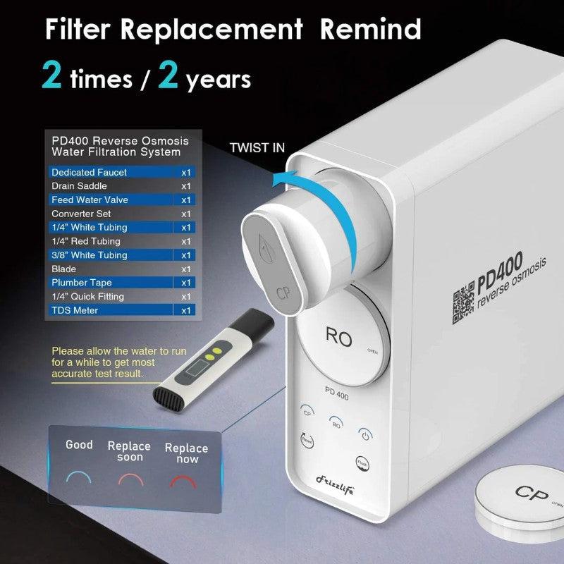 Frizzlife PD400 Tankless Reverse Osmosis System 400 GPD - Filter Replacement Reminder