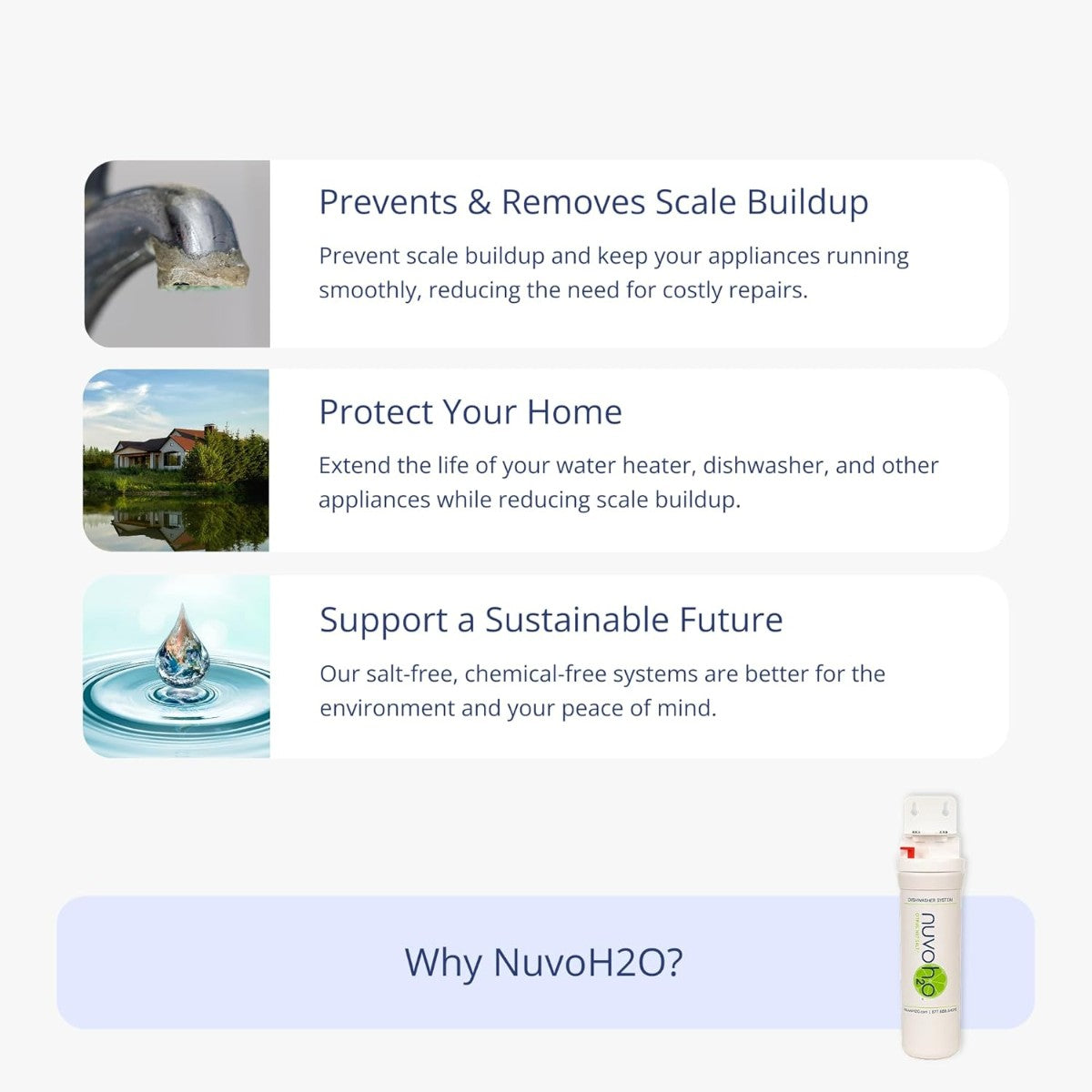 NuvoH2O Dishwasher System benefits including scale removal home protection and eco friendly design