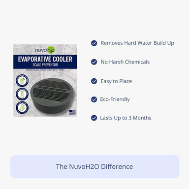 NuvoH2O Evaporative Cooler Scale Preventer Puck packaging highlighting removes scale no harsh chemicals and lasts up to three months
