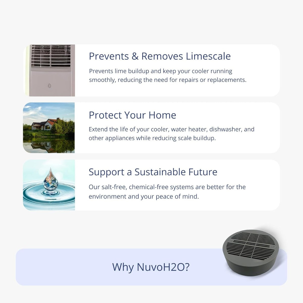 NuvoH2O Evaporative Cooler Scale Preventer Puck preventing limescale buildup and protecting home appliances