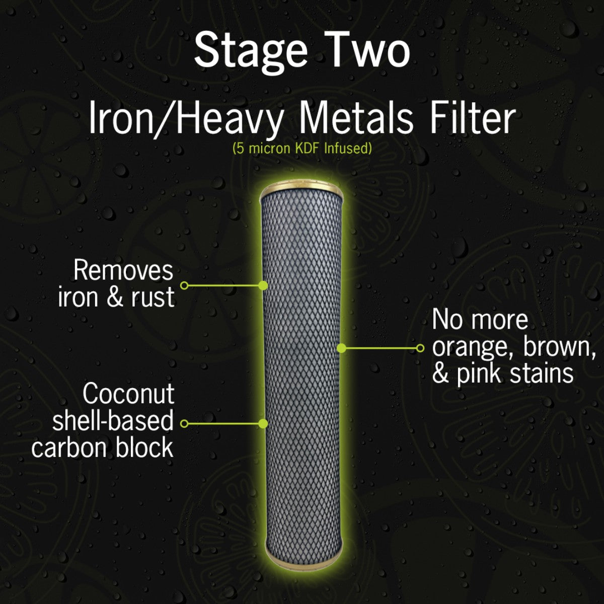 NuvoH2O RV water filter Stage Two iron and heavy metals carbon block filter removing rust and stains