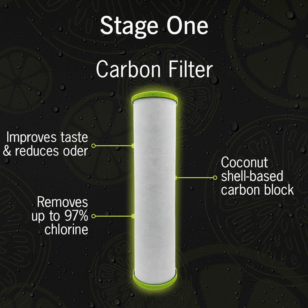 NuvoH2O Stage One carbon filter cartridge with chlorine reduction and coconut shell carbon callouts