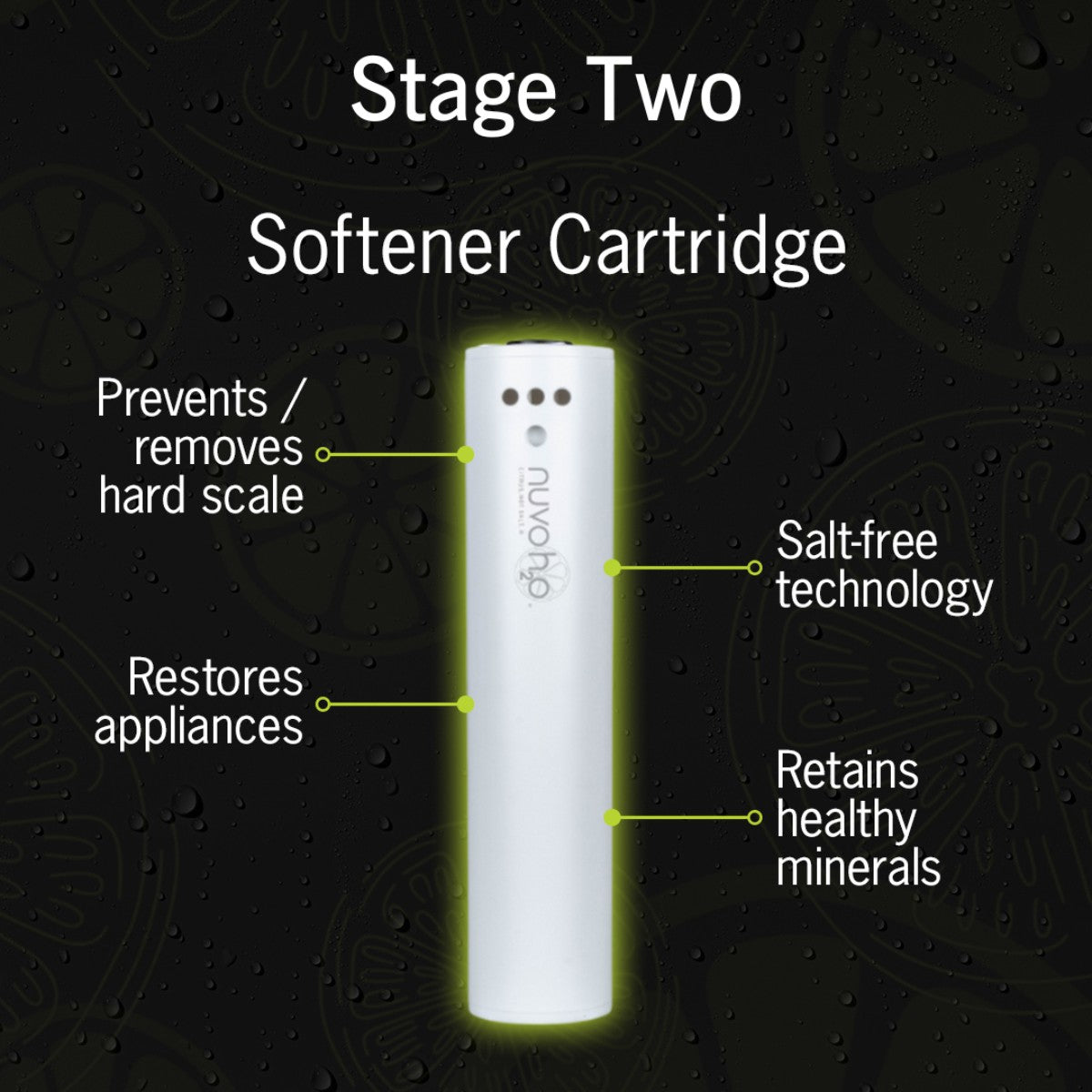 NuvoH2O Stage Two softener cartridge with hard scale prevention and salt free technology callouts