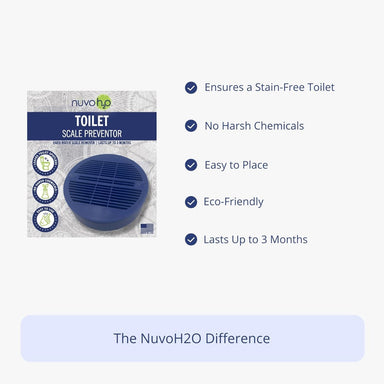 NuvoH2O Toilet Scale Preventer Puck packaging highlighting no harsh chemicals easy placement and up to three months of protection