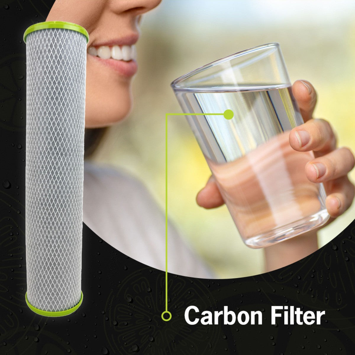 NuvoH2O carbon filter cartridge with person drinking clear water