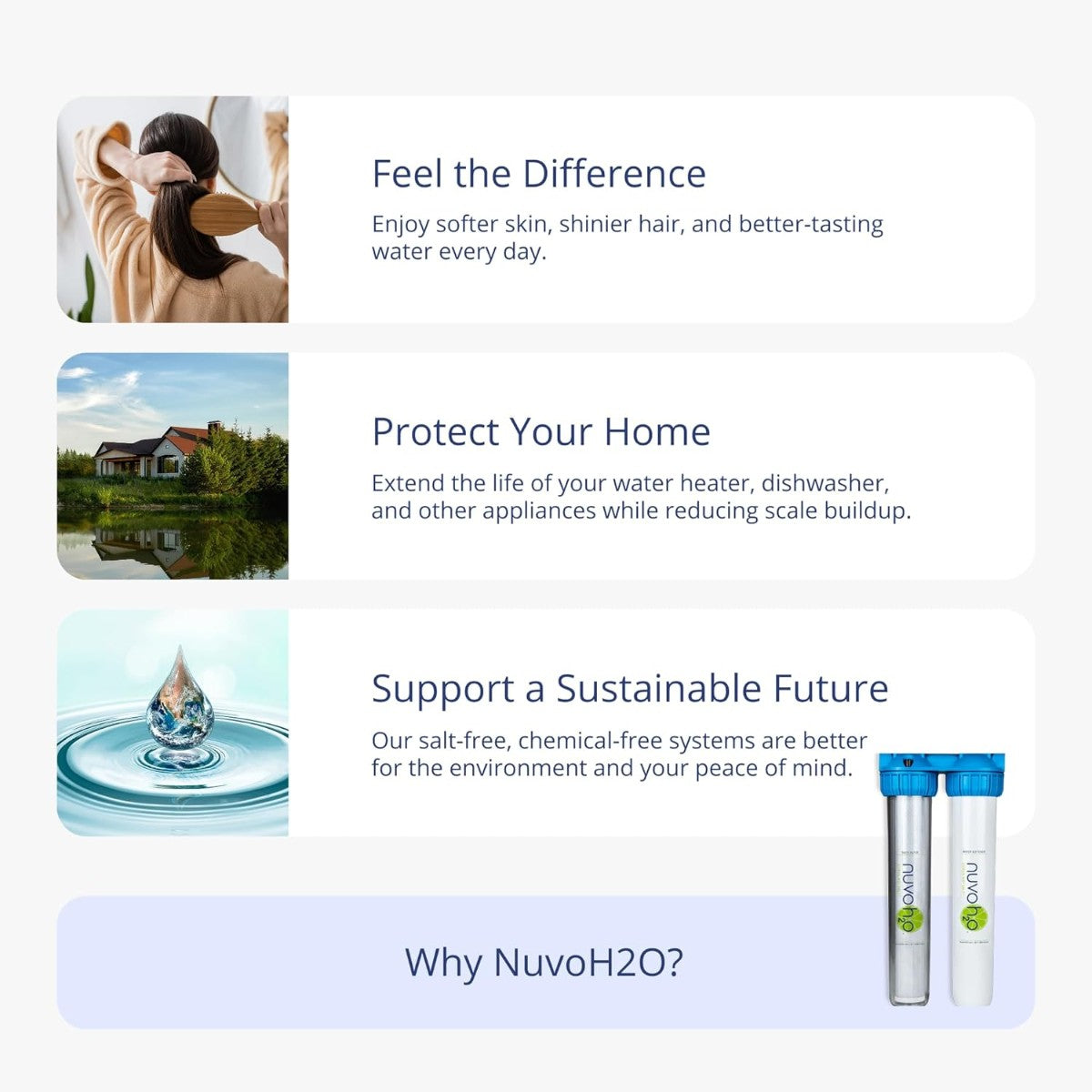 NuvoH2O lifestyle banner with hair brushing home exterior and water droplet graphics