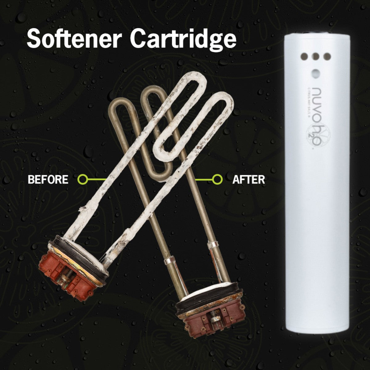 NuvoH2O softener cartridge with before and after scaled element comparison