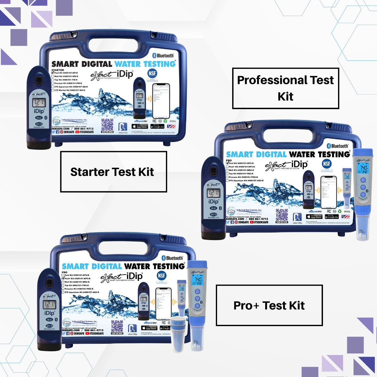 SenSafe eXact iDip Pool Test Kits - Starter, Professional and Pro Plus Test Kits Shown