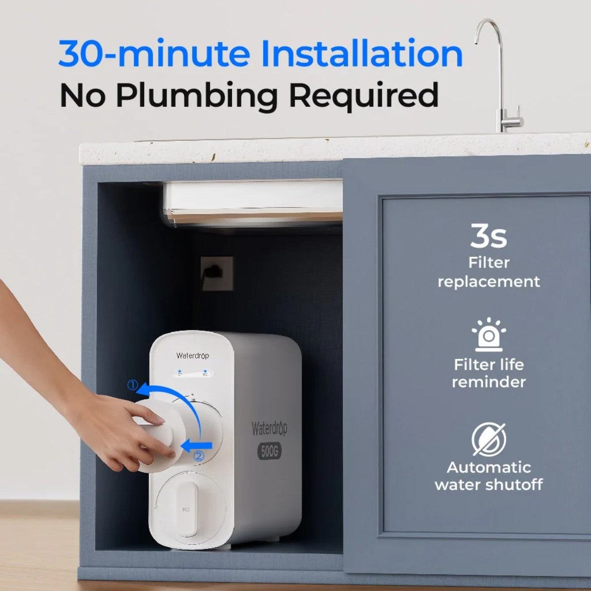 Waterdrop G5P500 Under Sink Reverse Osmosis System - 30 minutes Installation - No Plumbing Required