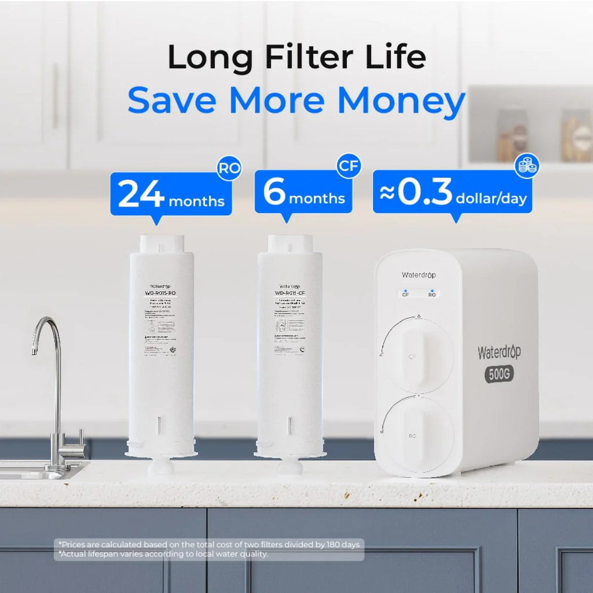 Waterdrop G5P500 Under Sink Reverse Osmosis System - Long Filter Life - Save More Money
