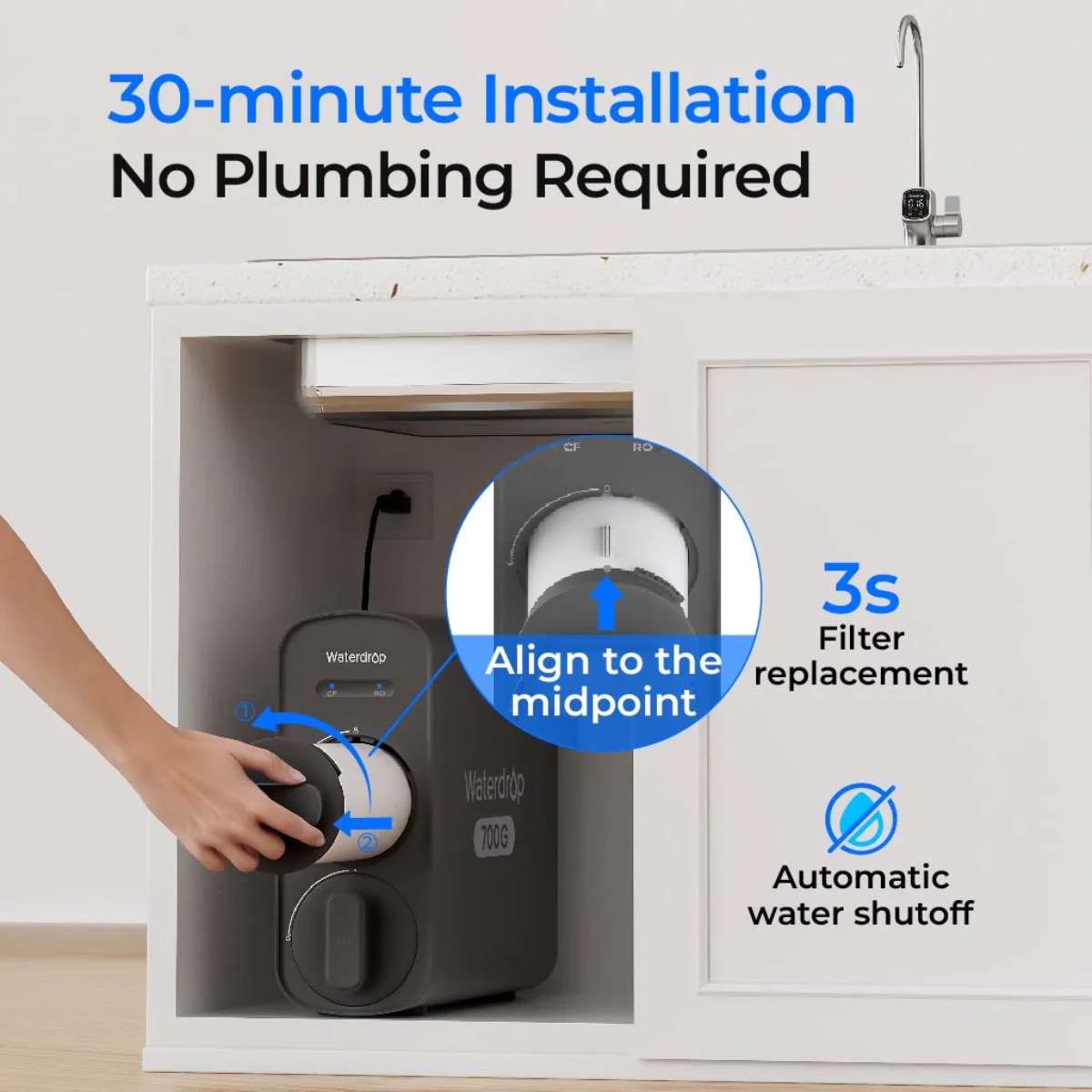 Waterdrop G5P700 Under Sink Reverse Osmosis System - 30 Minutes Installation - No Plumbing Required