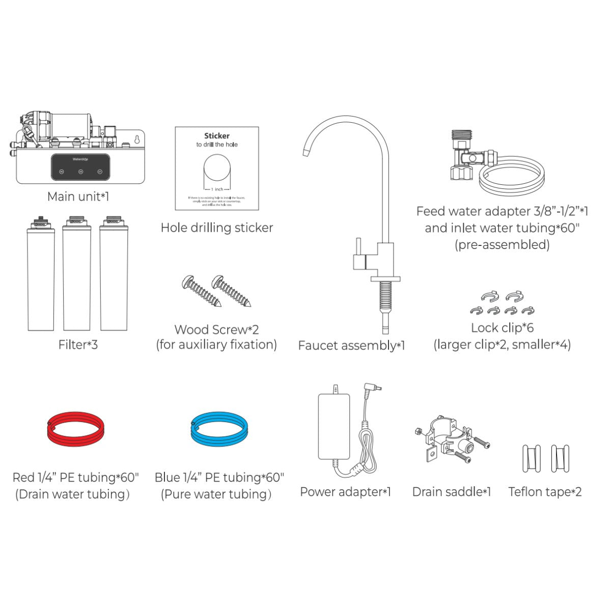 Waterdrop T3-C 450 GPD Under Sink RO Water Filtration System - All Included Parts Shown