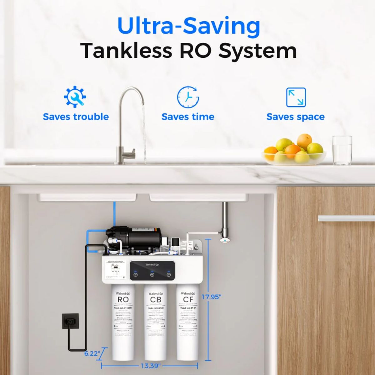 Waterdrop T3-C 450 GPD Under Sink RO Water Filtration System - Ultra Saving Tankless RO System