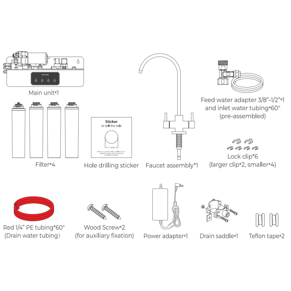 Waterdrop T4-A 450 GPD Under Sink Alkaline Dual-Flow RO System - All Included Parts Shown