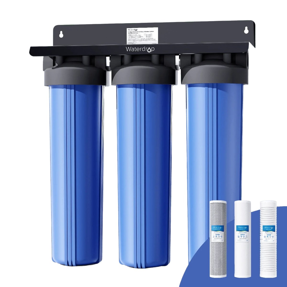 Waterdrop Whole House Water Filter System w/ Carbon & Sediment Filter - 3-Stage System - Front View with Replacement Filters