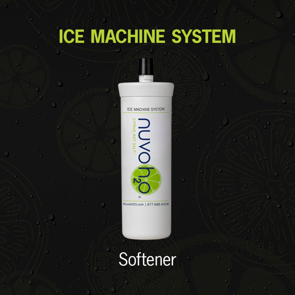 nuvoH2O Ice Machine System Water Softener in black background